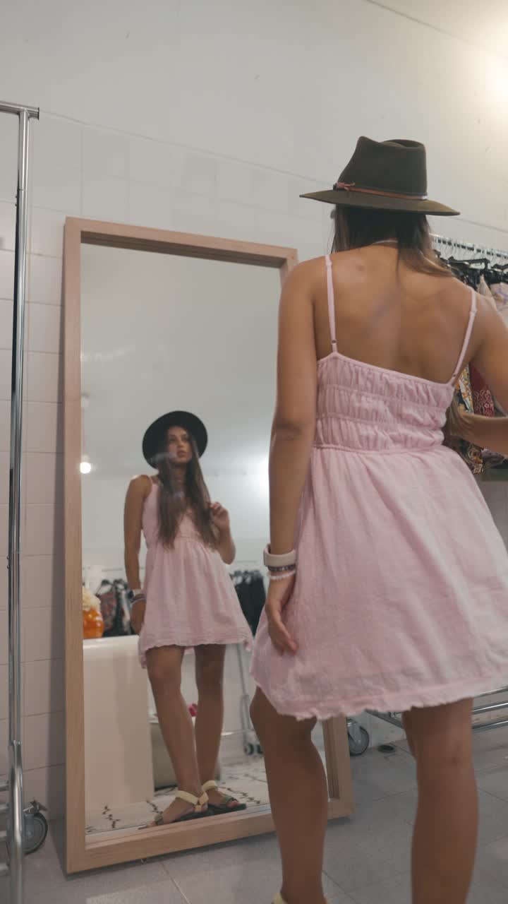 Woman in pink dress looking in mirror
