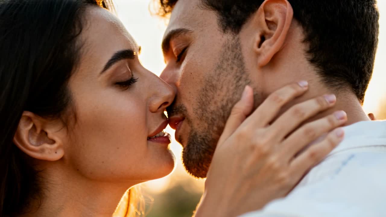 Una coppia che si avvicina e si bacia all'aperto al tramonto, mostrando affetto, con la donna che gli accarezza il collo con le mani, le unghie in evidenza.