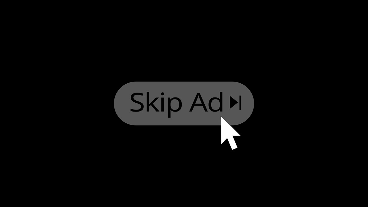 White video skip button visual with black background cursor pointer and clean web interface style