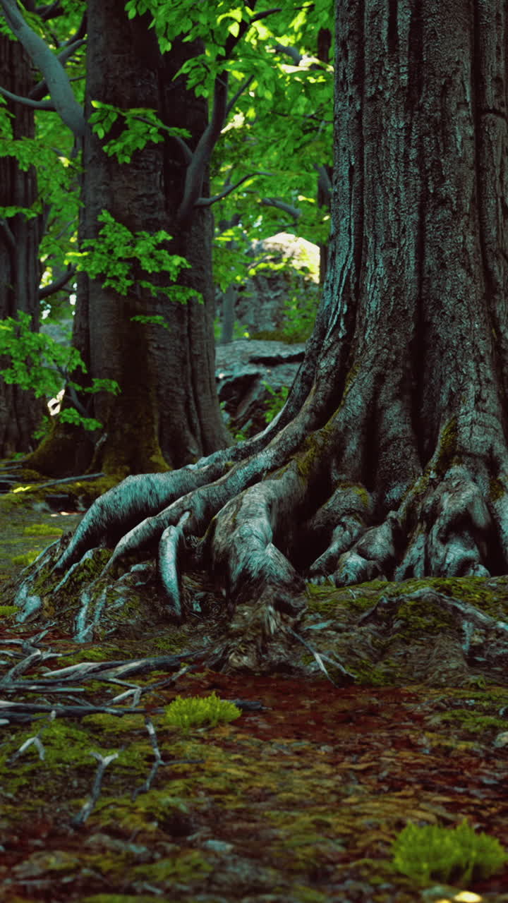 Lush forest with ancient trees and vibrant greenery in a serene setting