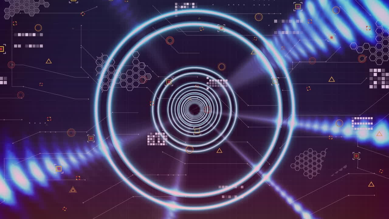 Animation of neon tunnel and data processing on black background