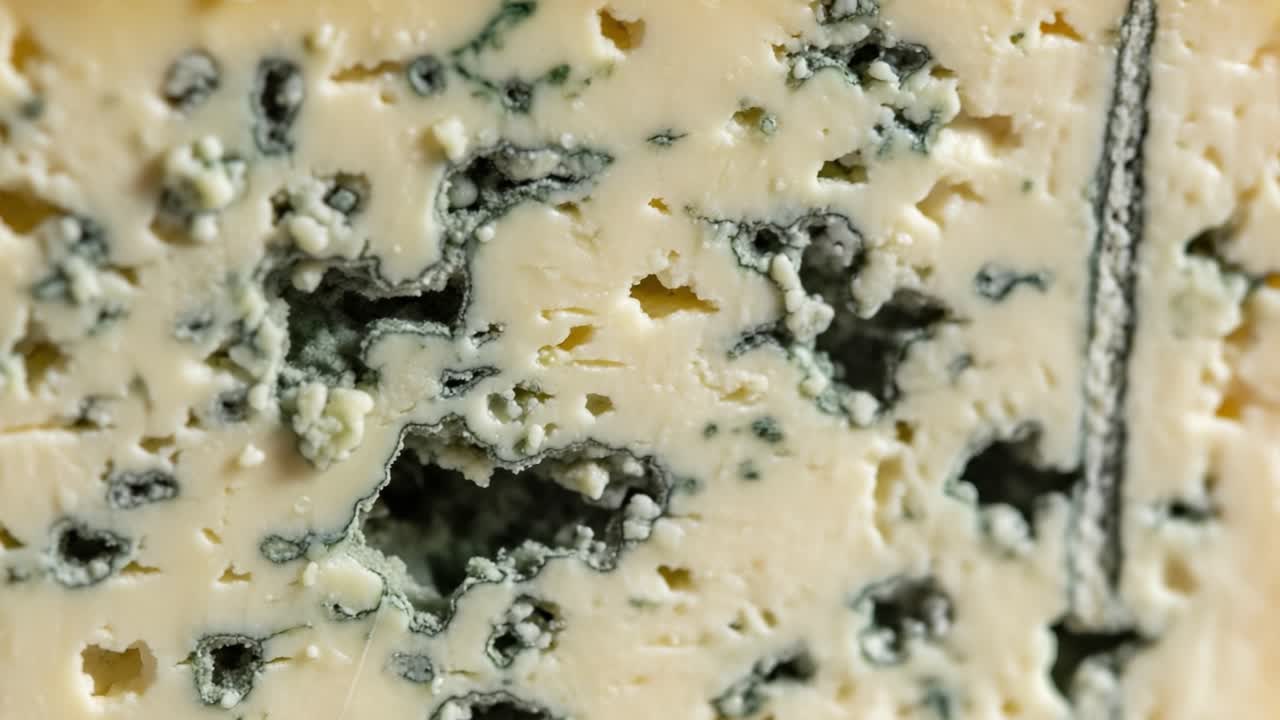 Close-up of Blue Cheese Texture Highlighting Moldy Veins and Creamy Surface with Varied Shades of Blue and White, Captured in Two Distinct Frames