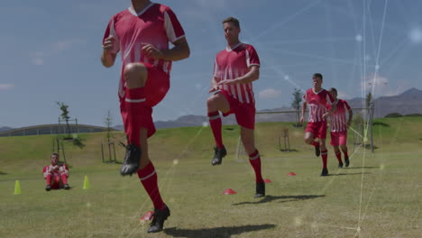 soccer players training with cones over network connections animation