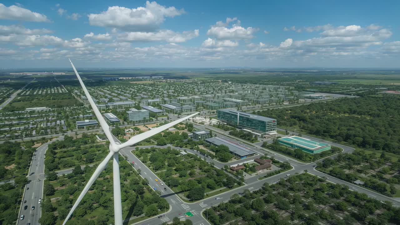 Launching UAV passing wind turbine hub and blade surveying tech campus and solar roofs, copy space