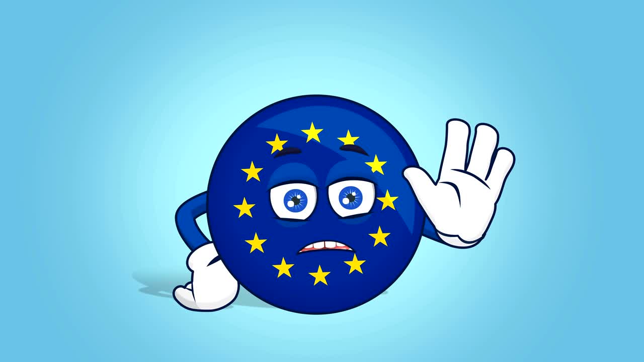 dibujos animados icono de la unión europea bandera parada gesto de la mano con animación de la cara