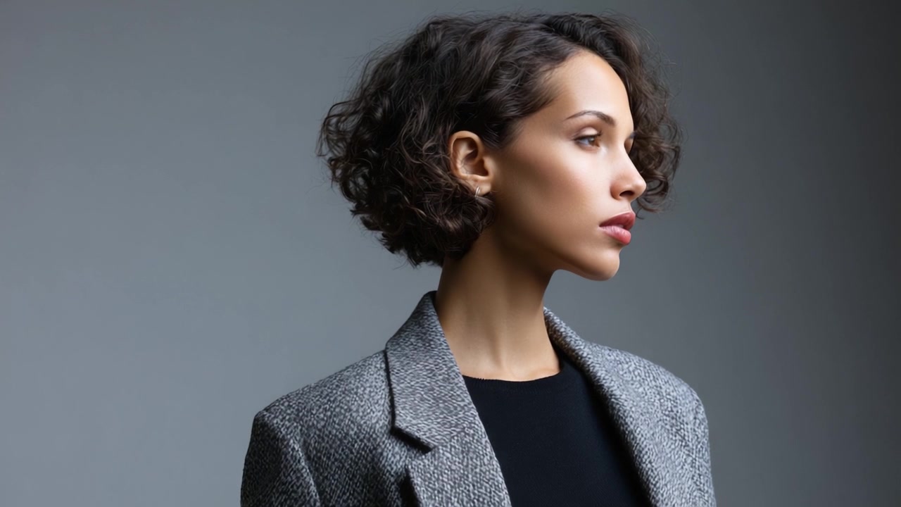 Ritratto accattivante di un individuo elegante con capelli ricci, che mostra scelte di moda eleganti e una bellezza espressiva in un ambiente minimalista.