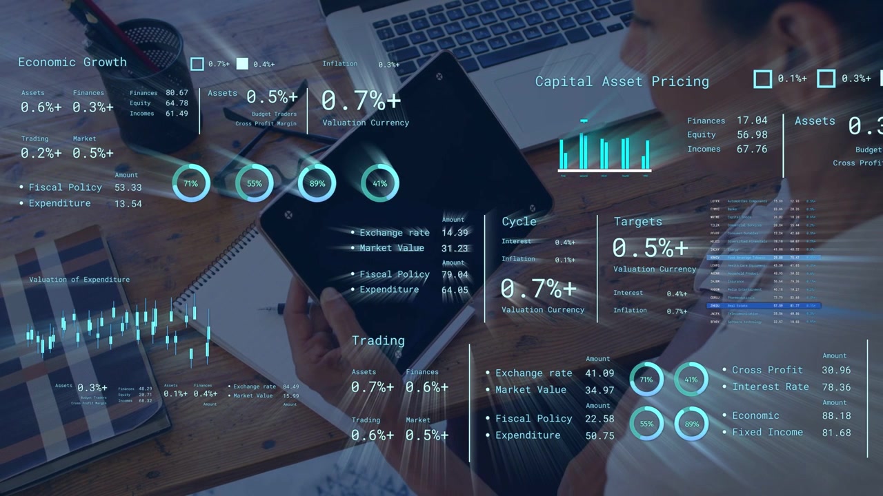 Woman holding tablet, tapping screen and causing animated finance HUD updating charts for review