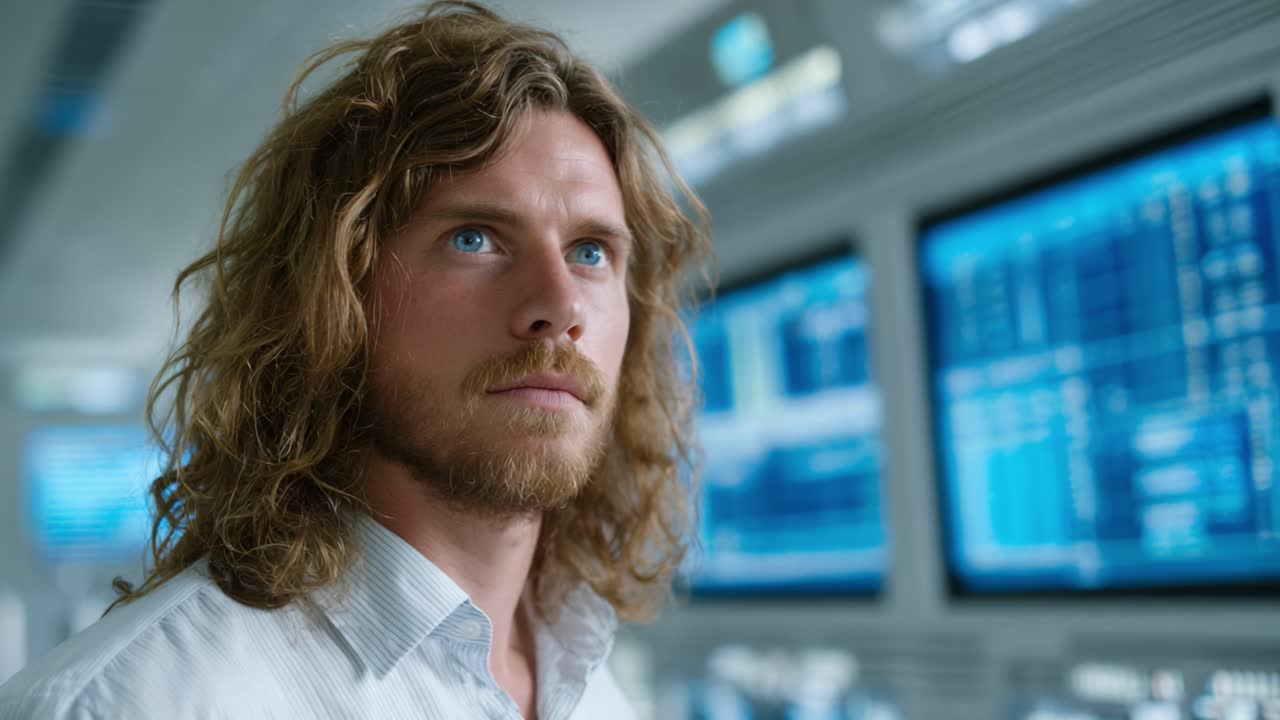 A pensive man with long hair and intense blue eyes stands in a high-tech environment, absorbing information from dynamic displays in a modern, digital control room