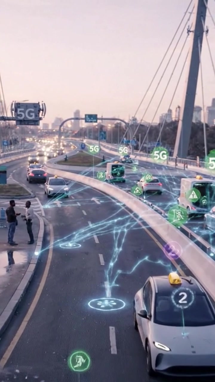 Trasporto urbano intelligente: una scena di traffico ad alta tecnologia con auto autonome e connettività digitale con reti 5G che migliorano l'esperienza di pendolarismo.