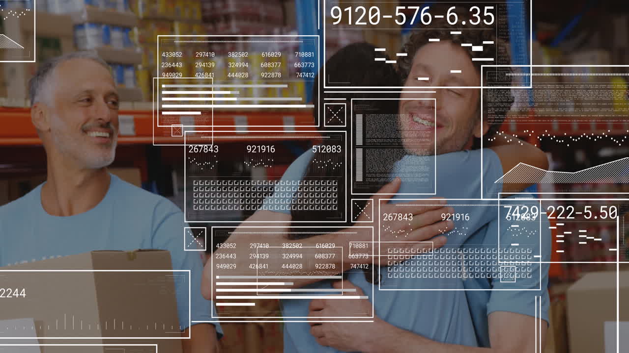 Animatie van gegevensverwerking over diverse mannelijke en vrouwelijke vrijwilligers die elkaar omhelzen in een magazijn