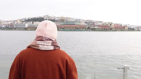 persona viendo el paisaje de la ciudad sobre el río en invierno