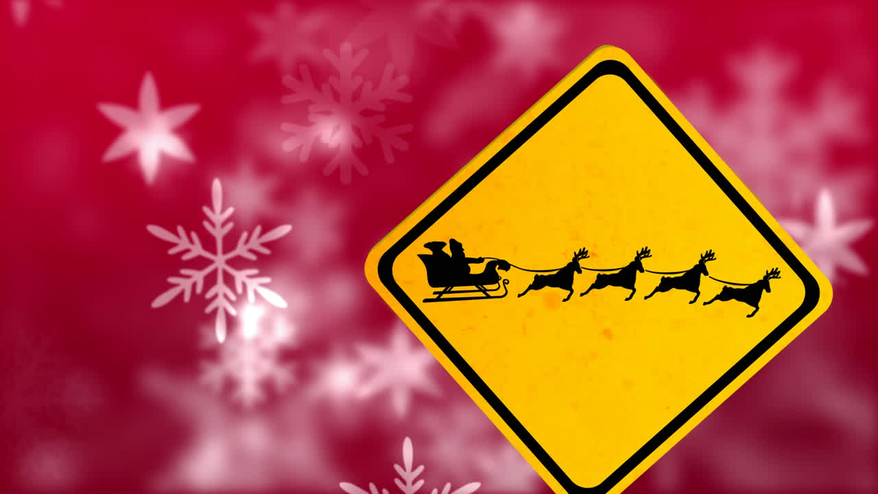 animación de copos de nieve de navidad cayendo sobre el cartel de trineo de santa sobre fondo rojo