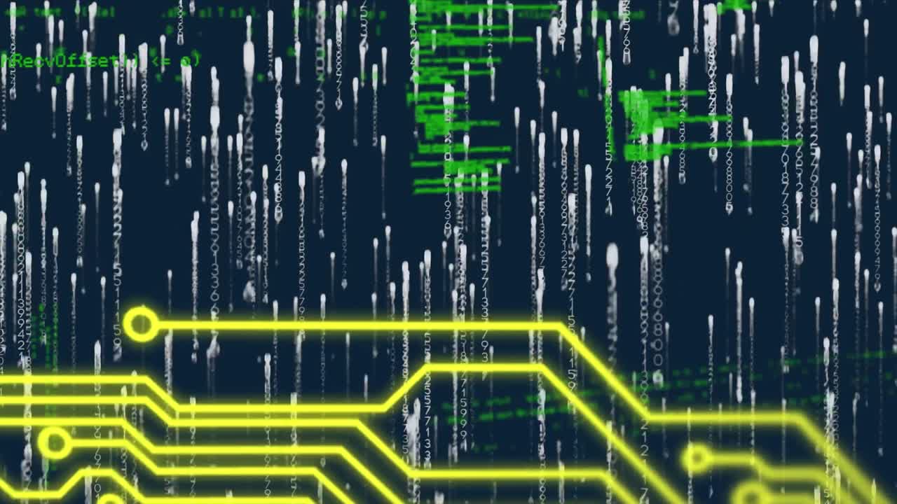 Microprocessor connections over data processing and light trails falling against blue background