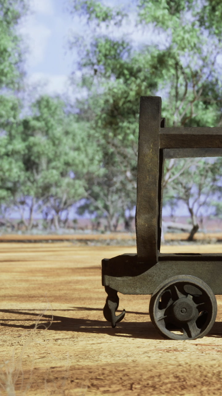 Rusty cart stands on dirt ground near trees on a sunny day