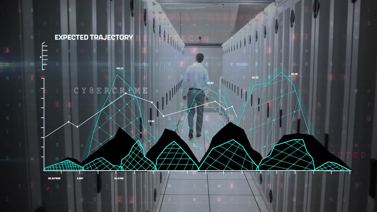 그래프, 텍스트, 문자, 숫자의 애니메이션, 서버 방에서  ⁇ 는 백인 남자의 뒷면