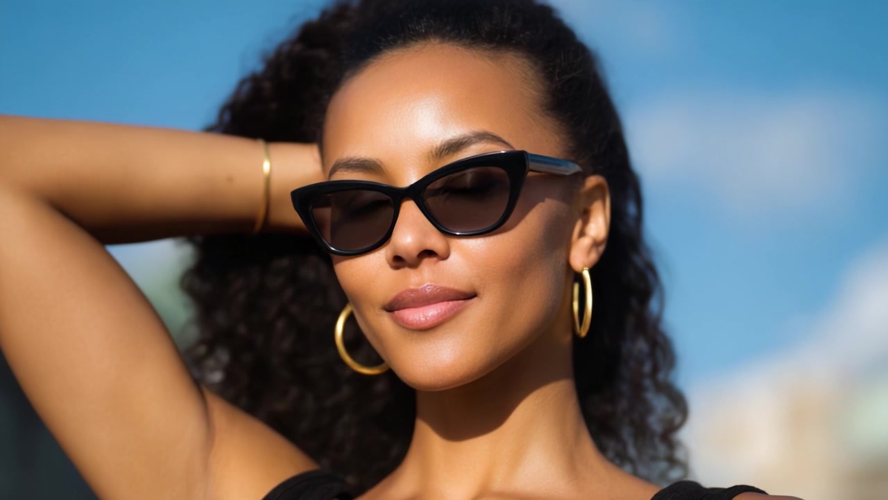 Donna elegante con occhiali da sole posa con sicurezza contro un cielo luminoso, mettendo in mostra una moda glamour e una bellezza radiosa in un vivace ambiente esterno.