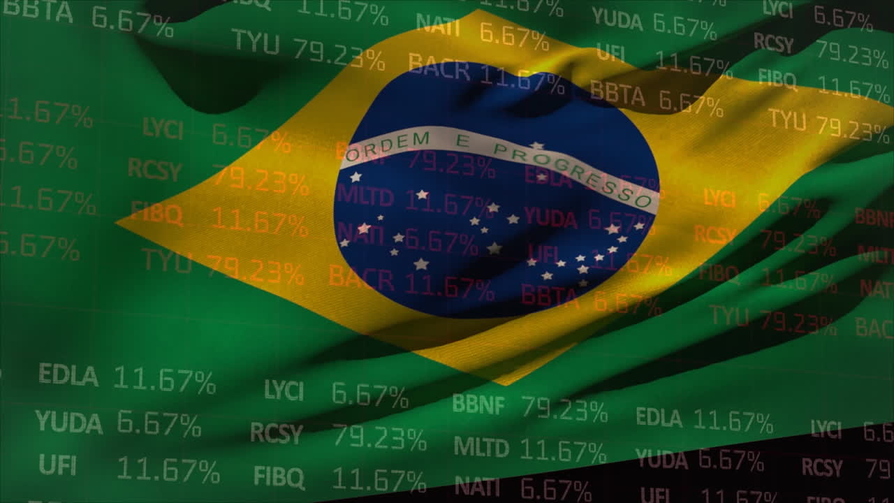 Animation af handelsgrafik over vajende brasiliansk flag mod sort baggrund