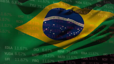 animation of trading board over waving flag of brazil against black background