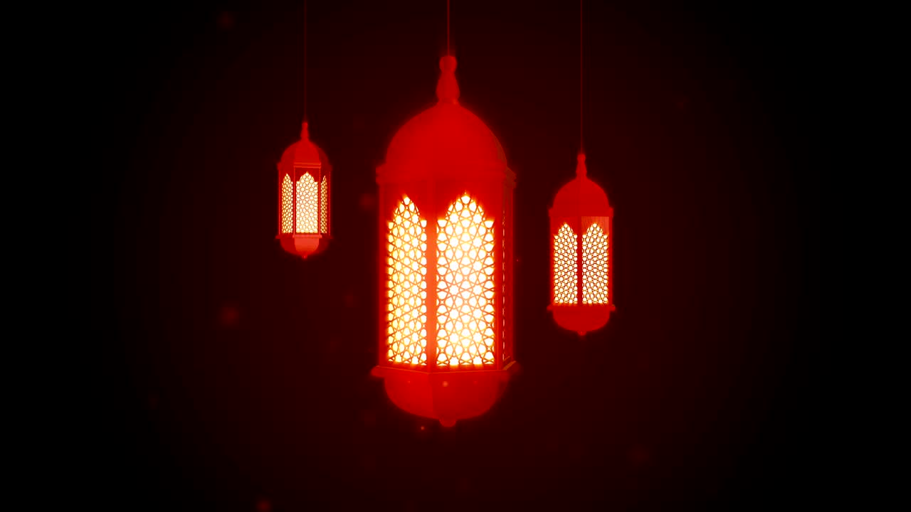 어두운 배경에서 천장에 매달린 반이는 축제 랜턴 라마단 카림 이슬람 운동 배경 3d loopable 애니메이션