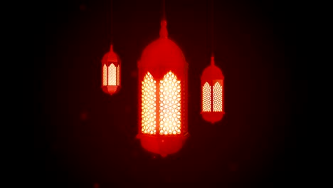 glowing celebration lantern hanging from ceiling on dark background. ramadan kareem islamic motion background. 3d loopable animation.