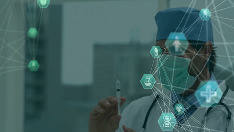 medical professional holding syringe, healthcare network and data animation over scene