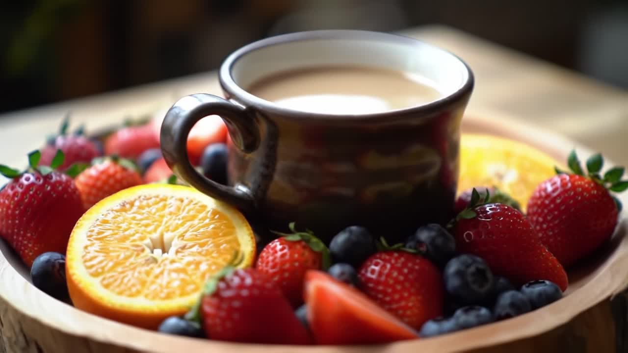 A Cozy Morning Scene Featuring a Warm Cup of Coffee Surrounded by Fresh Fruits and Citrus, Capturing the Essence of Relaxation and Nourishment in Everyday Moments
