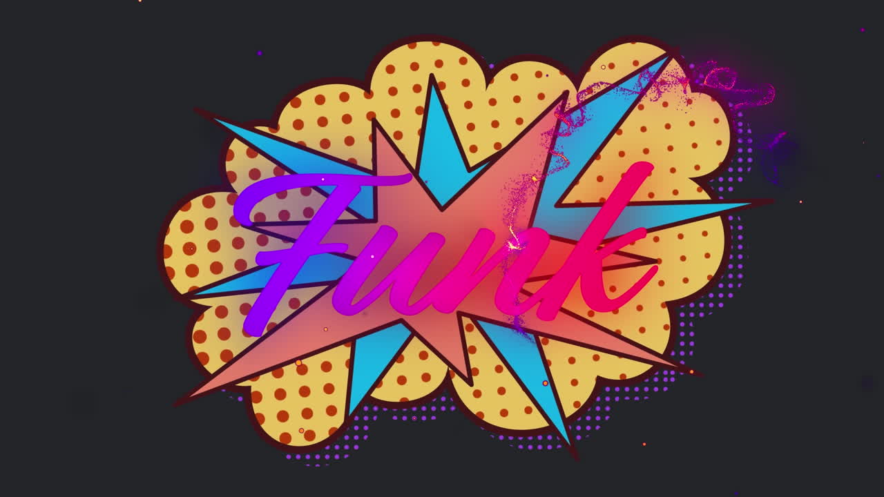 animación de texto funk sobre gráficos de cómics en un fondo oscuro