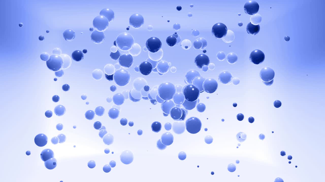 푸른 색조의 구의 추상적인 4k 배경, led와 같은 공이 공중에 매달려 있고 밝고 세련된 배경으로 꺼집니다.