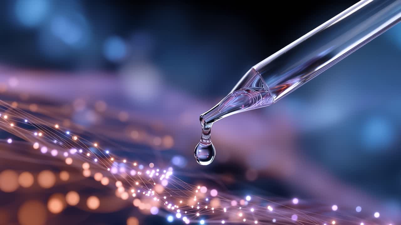 Gros plan sur une pipette laissant tomber du liquide sur une structure moléculaire colorée, avec un éclairage éthéré, des points et des étincelles rayonnants dans un magnifique décor scientifique