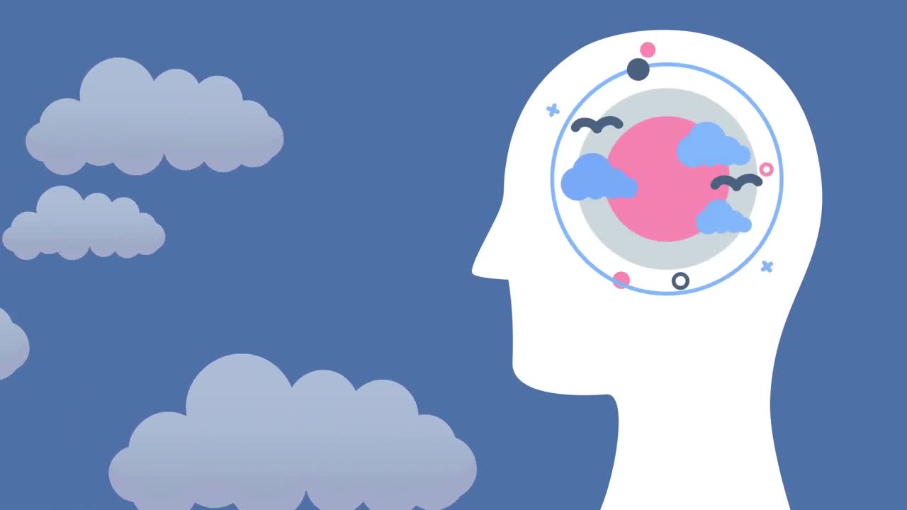 구름과 새들이 구름 위에 있는 머리의 애니메이션