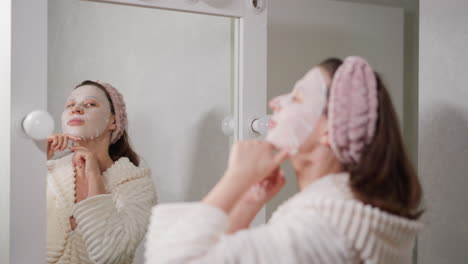 woman with mask on face makes sudden movements with hands. brunette woman in bathrobe actively dances doing facial treatments in shower slow motion