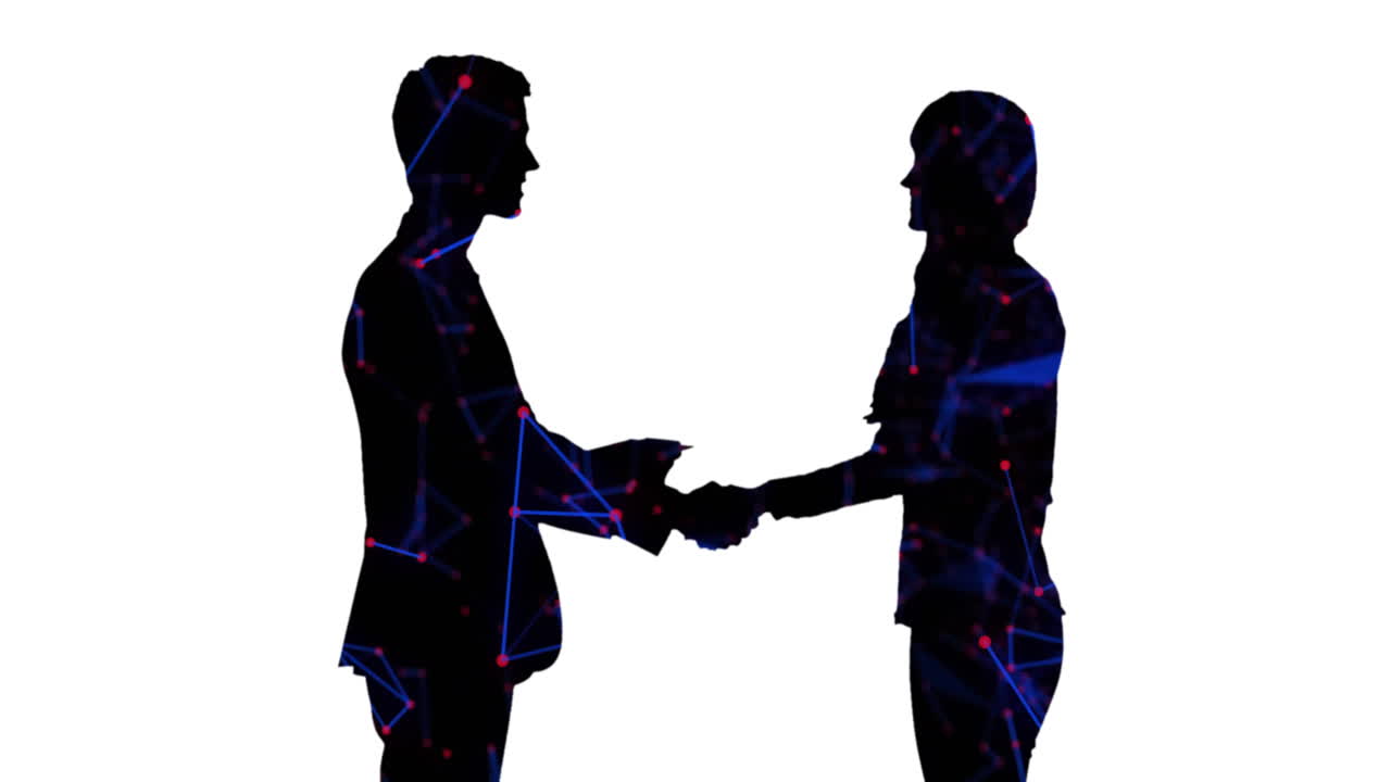 Animation of silhouette of business people over red and blue shapes on white background