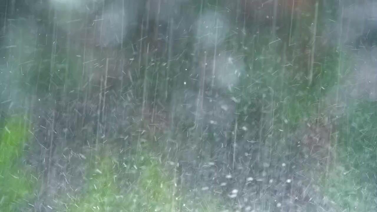 Close-up of Heavy Rain Falling with Blurred Green Background