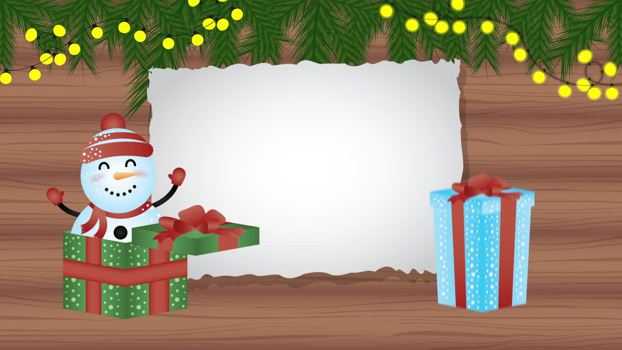 feliz animación de navidad con muñeco de nieve en fondo de madera