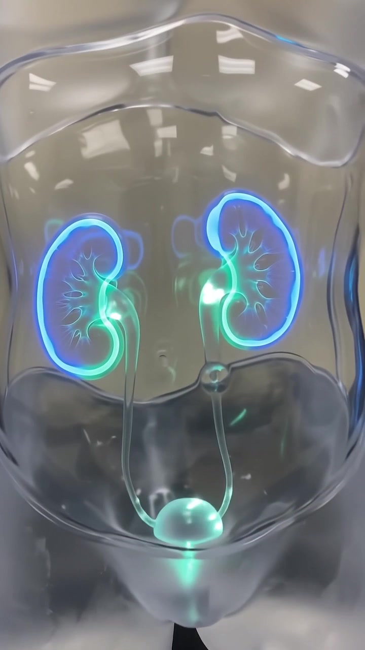 Anatomical Model of Human Urinary System with Glowing Kidneys