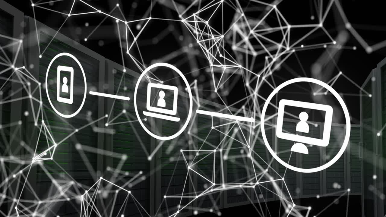 Animation of connected icons and connected dots over server racks against black background