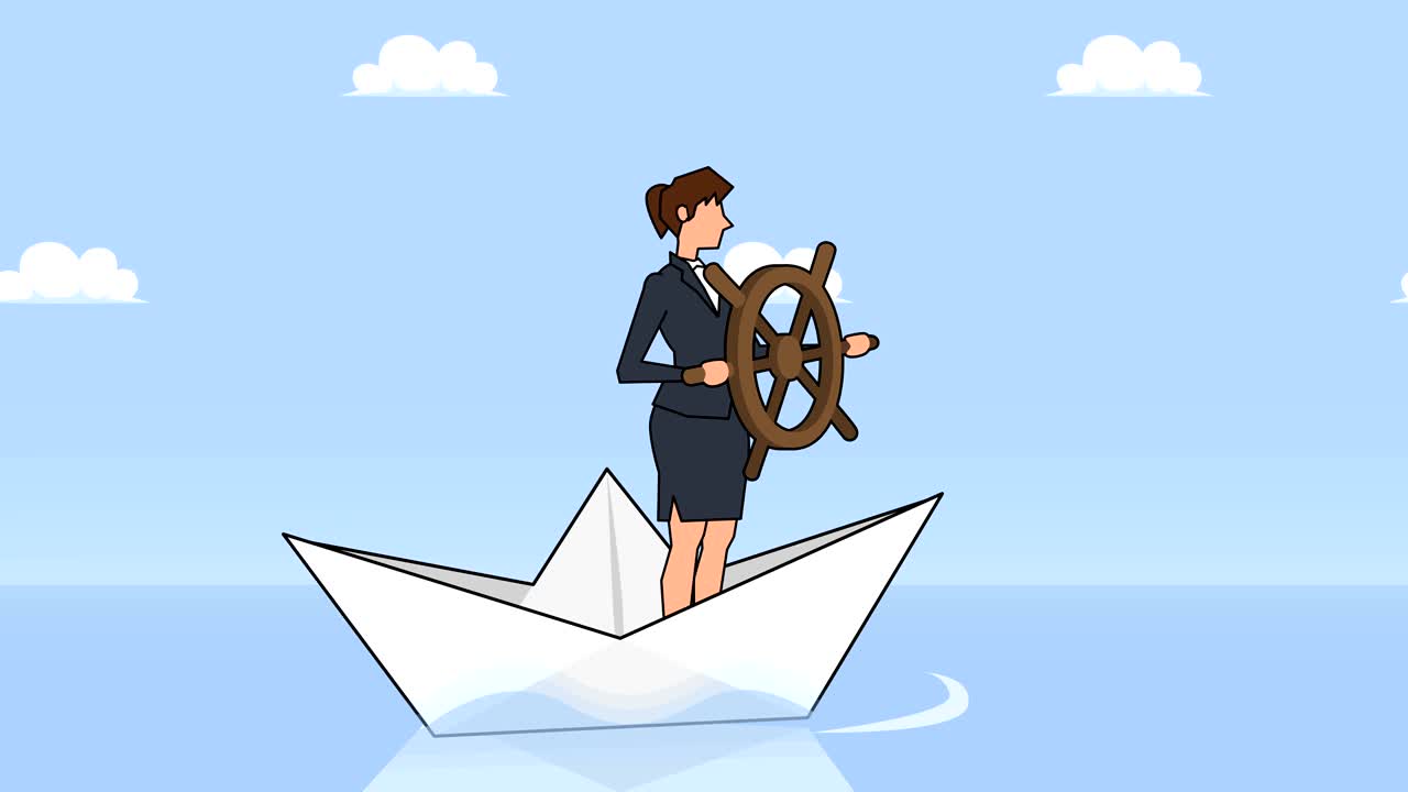 평평한 만화 사업가 캐릭터와  바가 종이 보트에 떠있는 사업 컨셉 애니메이션을 제어합니다.