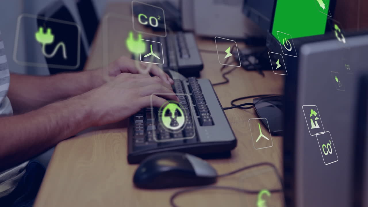 Typing on keyboard, animation of eco-friendly energy icons floating around