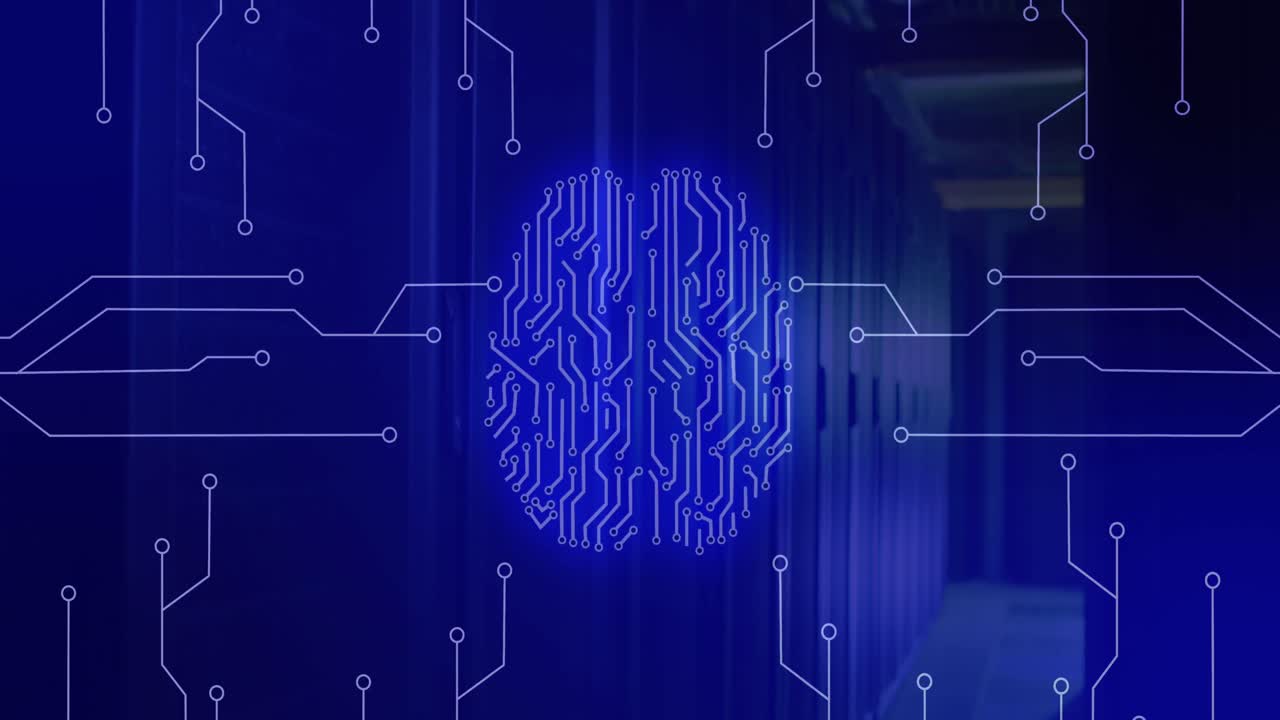 animación de cerebro de neón y red de conexiones a través de la sala de servidores