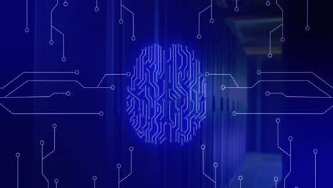 animation of neon brain and network of connections over server room