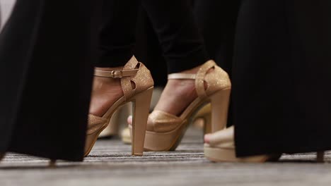 las mujeres del grupo practican la pasarela de moda o caminan como modelos con un entrenador profesional para enseñar sobre zapatos de tacones altos, muchas mujeres usan tacones altos para el concurso de concurso de belleza miss