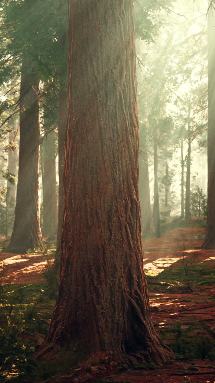 Maestosa foresta di sequoie sotto il sole nebbioso.