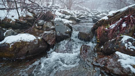 Rocas-Cubiertas-De-Nieve-Y-Agua-Corriente-En-Una-Serena-Escena-De-Bosque-Invernal