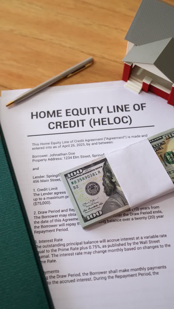 Vertical shot of HELOC loan documents ready to be signed.