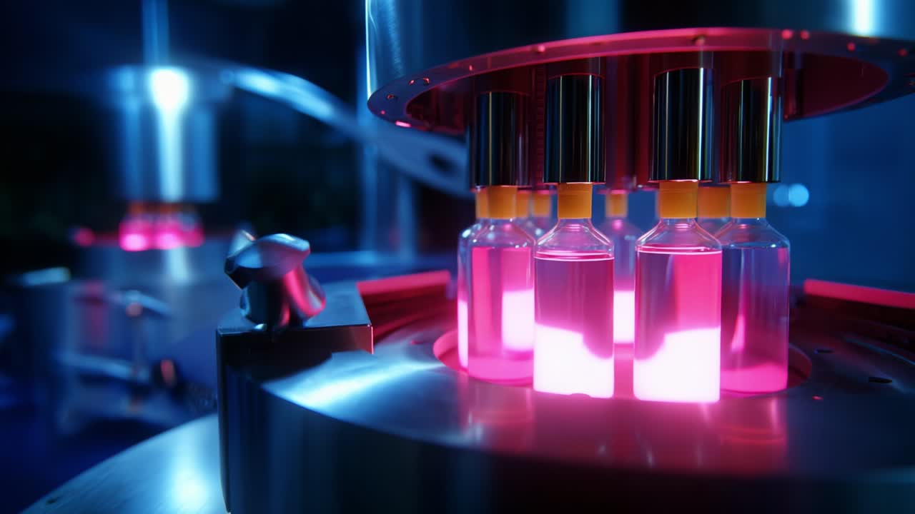 Illuminated Laboratory Setup Featuring Glass Vials and Advanced Technology for Scientific Research, Focusing on Colorful Fluids in a Modern, High-Tech Environment