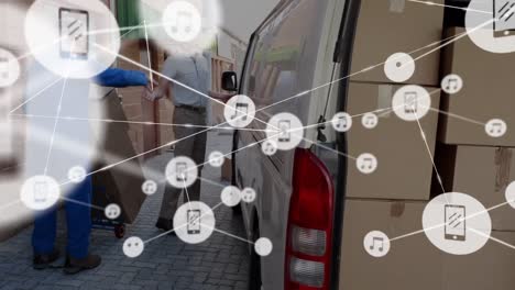 animation of network of connections over warehouse worker