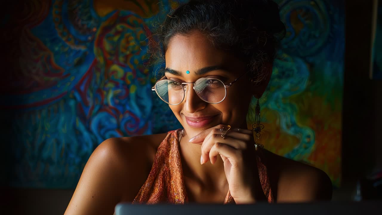 A contemplative woman with glasses gazes thoughtfully at her laptop, surrounded by vibrant artwork, exuding a sense of curiosity and creativity in a cozy, well-lit space