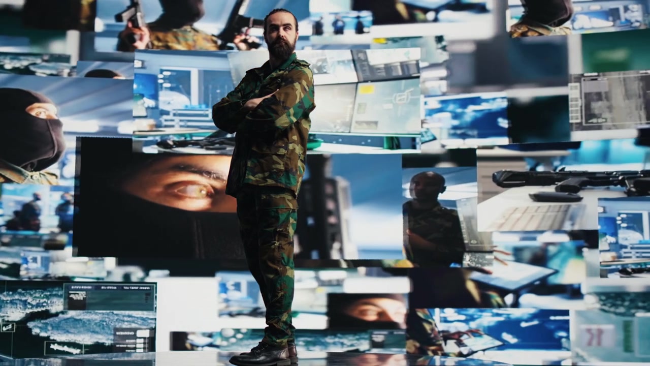 Veterano esamina l'intelligence sul campo di battaglia in un centro di comando ad alta tecnologia