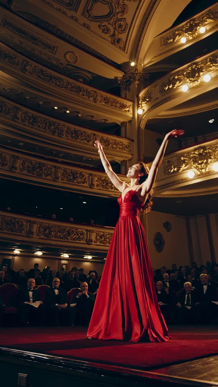 Una ripresa grandangolare cattura una donna in abito rosso sul palco in un teatro sontuoso, evocando un'atmosfera cinematografica.