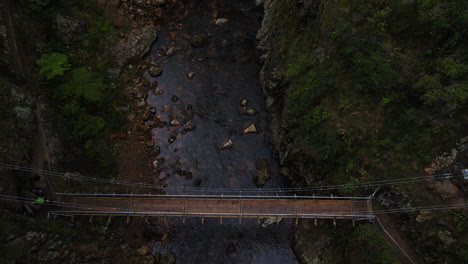 Top-down-shot-of-bridge-over-Rocky-River-Gorge-in-New-Zealand-with-trees-and-bushes